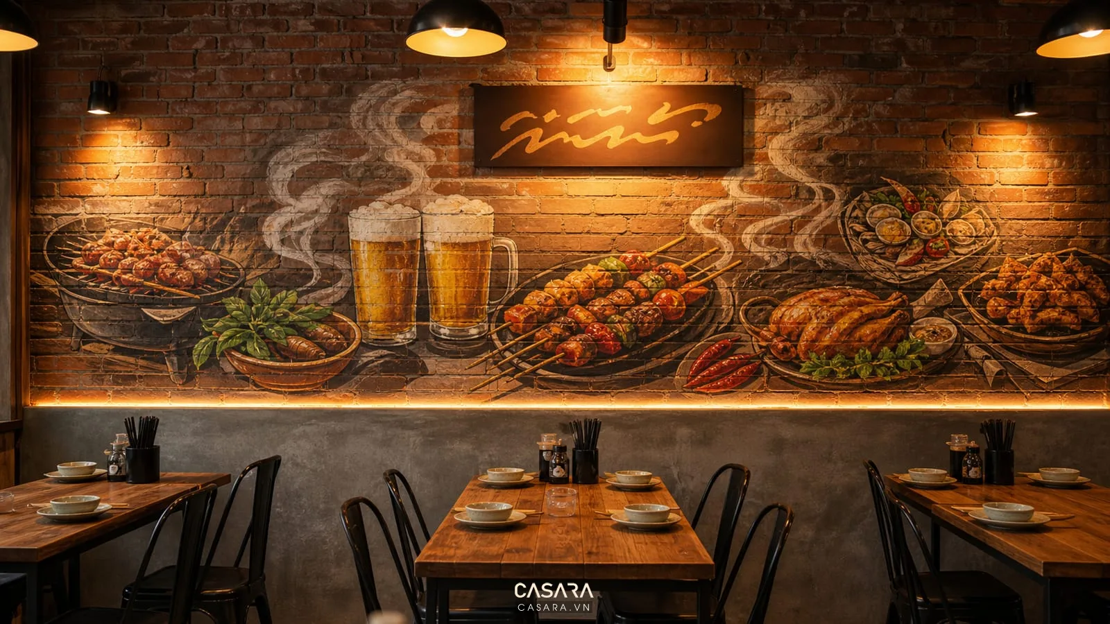 tường logo trang trí quán bia với đèn neon và bảng menu bia