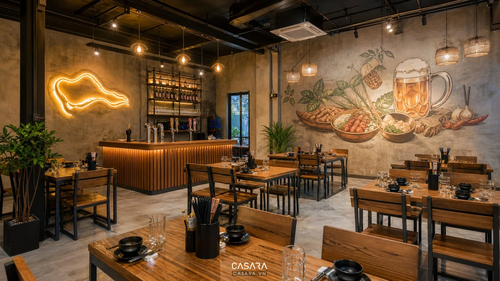 Trang trí góc cầu thang quán bia với kệ chai bia và đèn neon