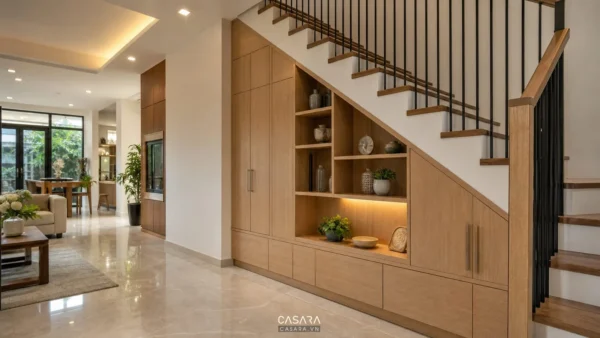 Tủ gầm cầu thang gỗ sáng trong phòng khách hiện đại