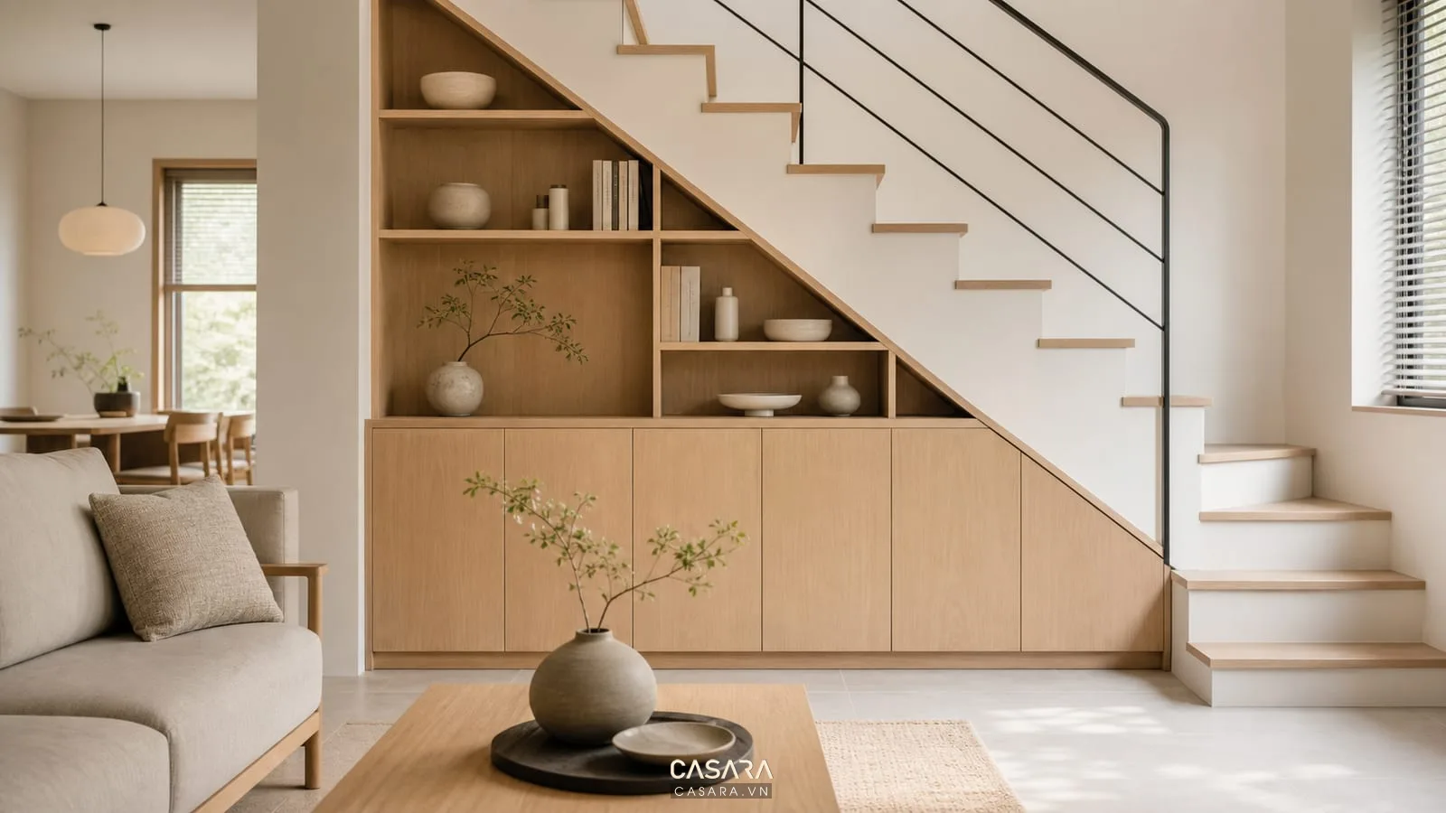 Mẫu trang trí gầm cầu thang đẹp với lam gỗ và ánh sáng hắt