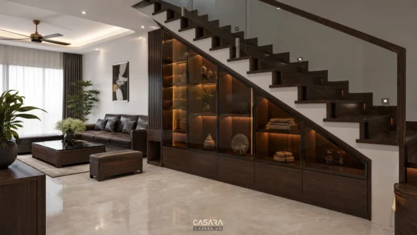 Tủ gầm cầu thang gỗ tối có đèn LED và cánh kính trà