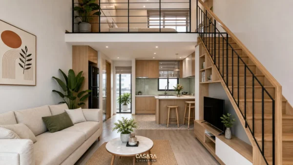 Căn hộ 40m2 có gác lửng hiện đại với phòng khách nhỏ, cầu thang gỗ, sofa sáng màu, bếp mở và ánh sáng tự nhiên