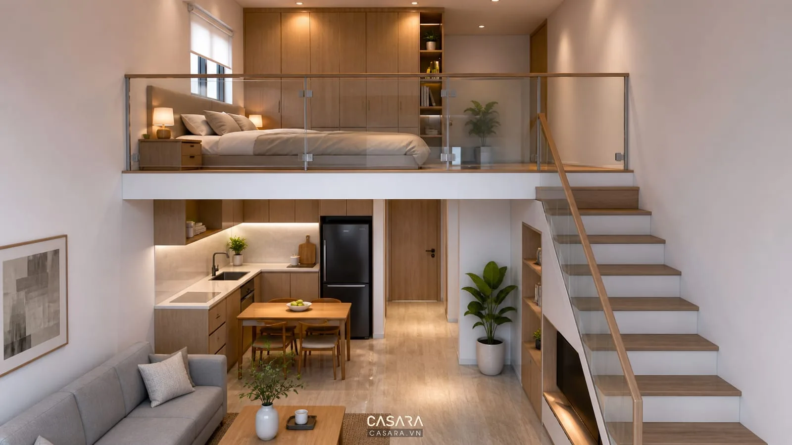 Căn hộ 40m2 có gác lửng làm phòng ngủ với giường thấp, lan can kính, tủ áo âm tường, đèn đầu giường và nội thất gỗ sáng