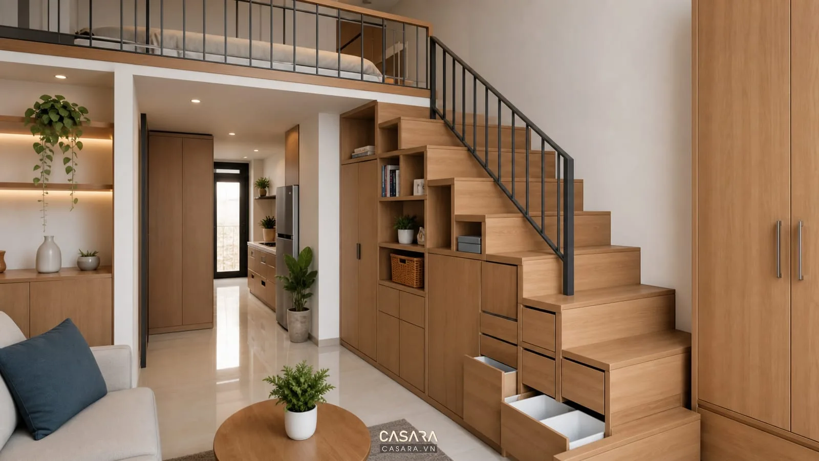 Căn hộ 40m2 có gác lửng với cầu thang tích hợp tủ lưu trữ, ngăn kéo gầm thang, tủ gỗ phẳng và lối đi nhỏ gọn