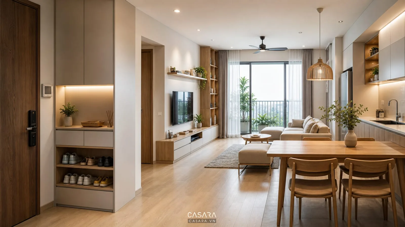 tủ lưu trữ trong căn hộ 80m2 2 phòng ngủ có lối đi thoáng