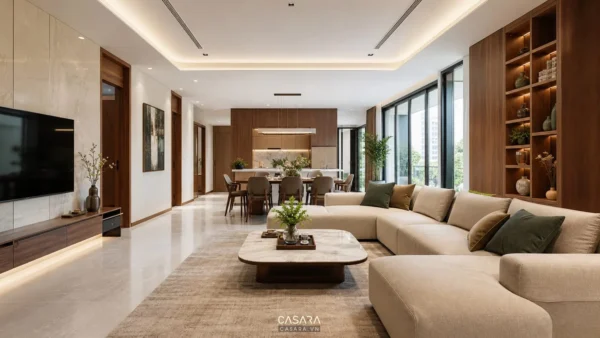 phòng khách căn hộ cao cấp 3 phòng ngủ hiện đại với sofa và nội thất gỗ