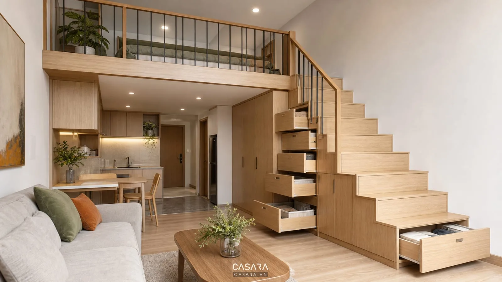 Cầu thang gác lửng căn hộ chung cư kết hợp hộc kéo lưu trữ bằng gỗ sáng