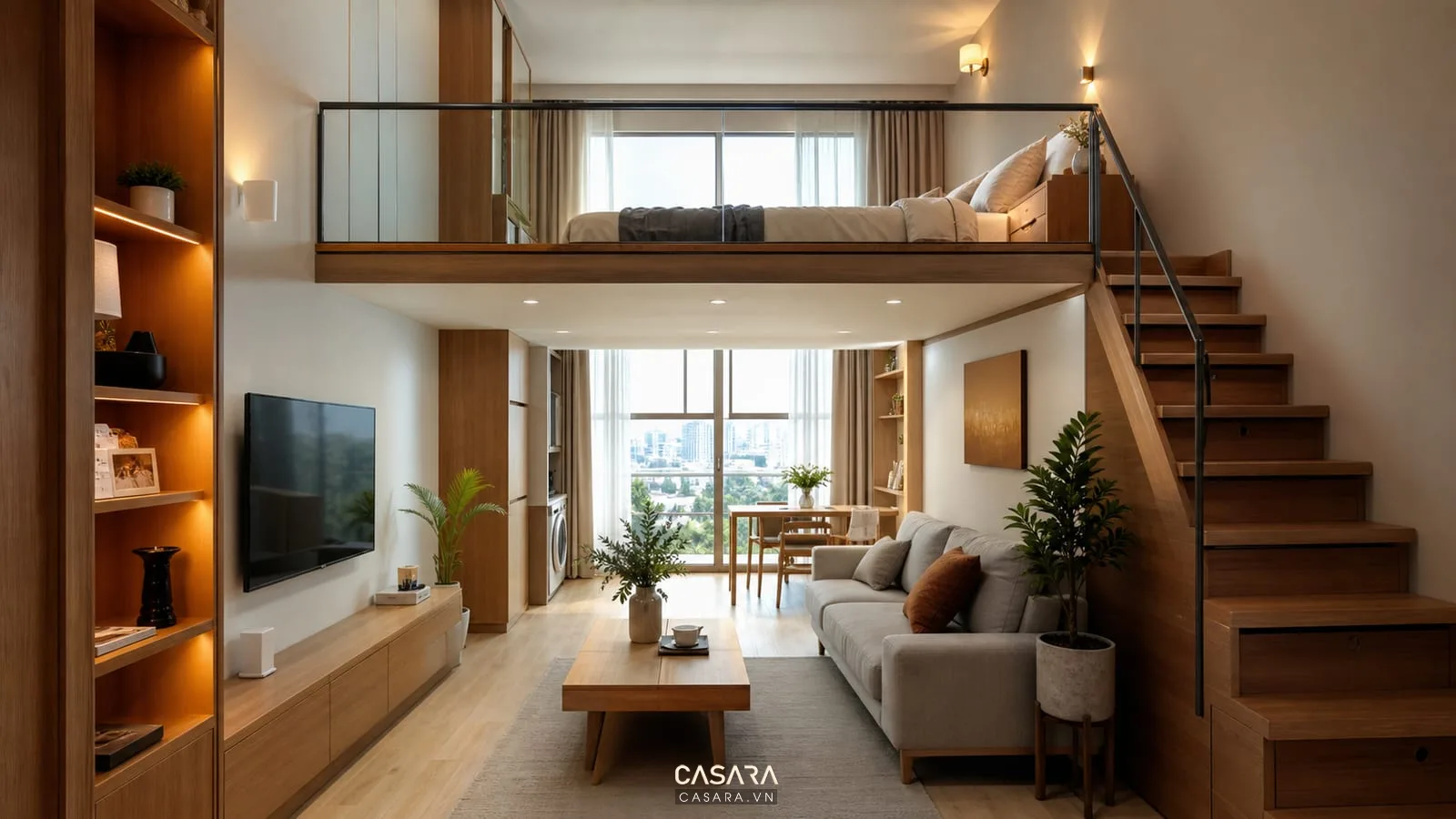 Góc ngủ trên gác lửng căn hộ chung cư có đèn tường và cửa sổ lấy sáng