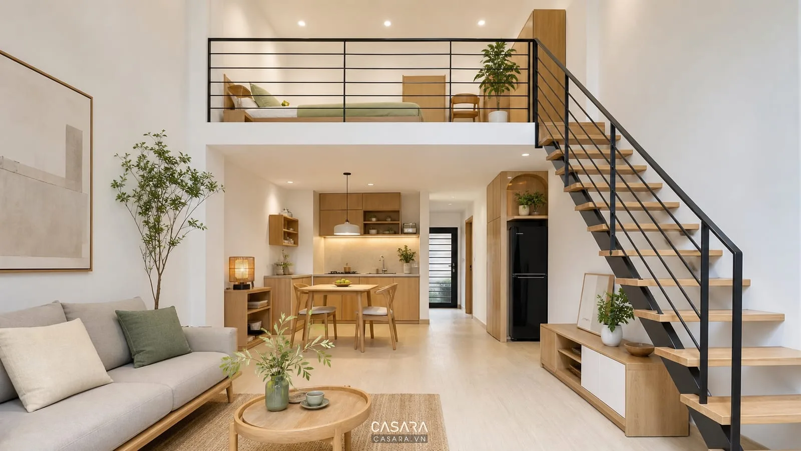 Căn hộ 40m2 có gác lửng với giường thấp trên gác, tủ thấp màu gỗ, phòng khách nhỏ bên dưới, bàn ăn gọn và ánh sáng tự nhiên