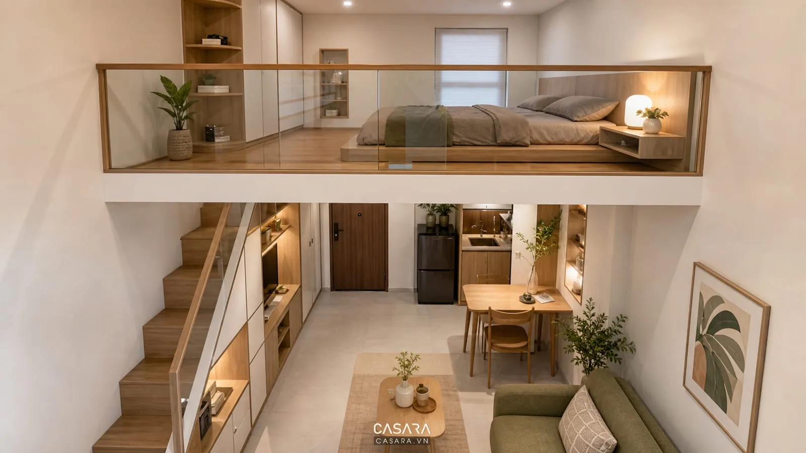 Căn hộ gác lửng với phòng ngủ phía trên và giường thấp gọn gàng