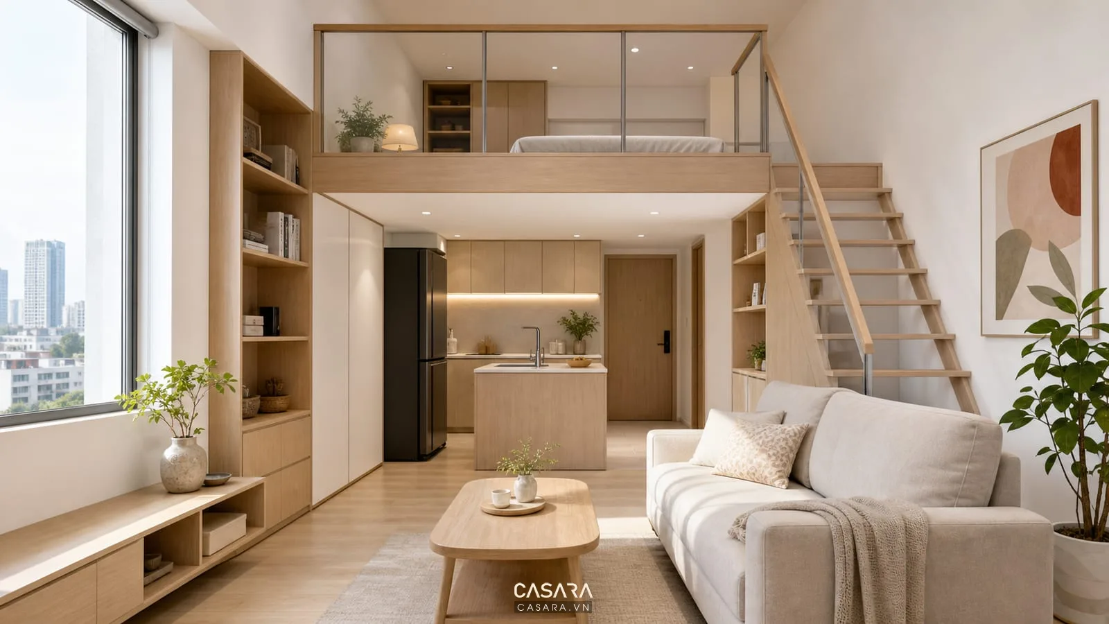 Căn hộ chung cư có gác lửng với cầu thang áp tường kết hợp tủ lưu trữ, sàn gỗ sáng, bếp nhỏ và phòng khách liền bếp tại Hà Nội