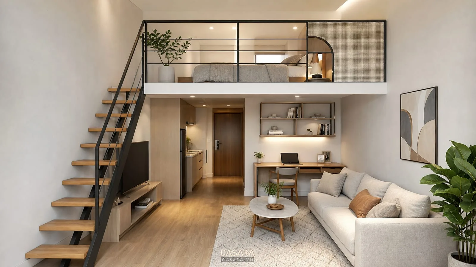 Phòng khách cầu thang dọc với sofa chữ I màu xám, kệ tivi thấp, lan can kính, bậc cầu thang gỗ và tủ dưới gầm cầu thang đồng bộ
