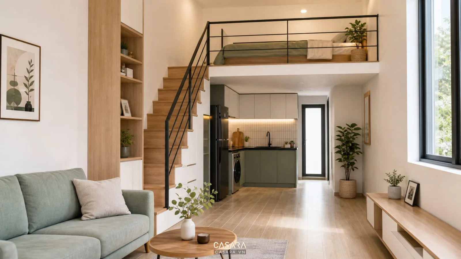 căn hộ 40m2 có gác lửng với sofa nhỏ bàn ăn gập và kệ tivi mỏng