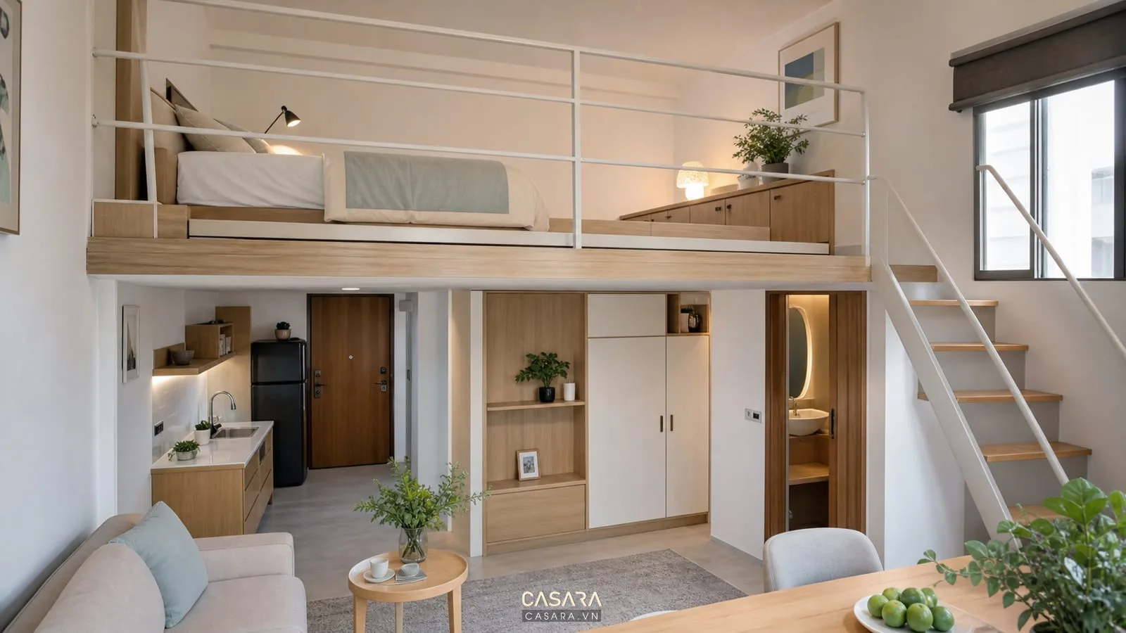 Khu ngủ trên gác xép chung cư mini với giường thấp và ánh sáng ấm