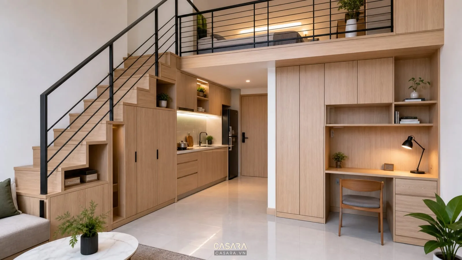 chung cư mini có gác lửng với tủ lưu trữ dưới gầm cầu thang gỗ