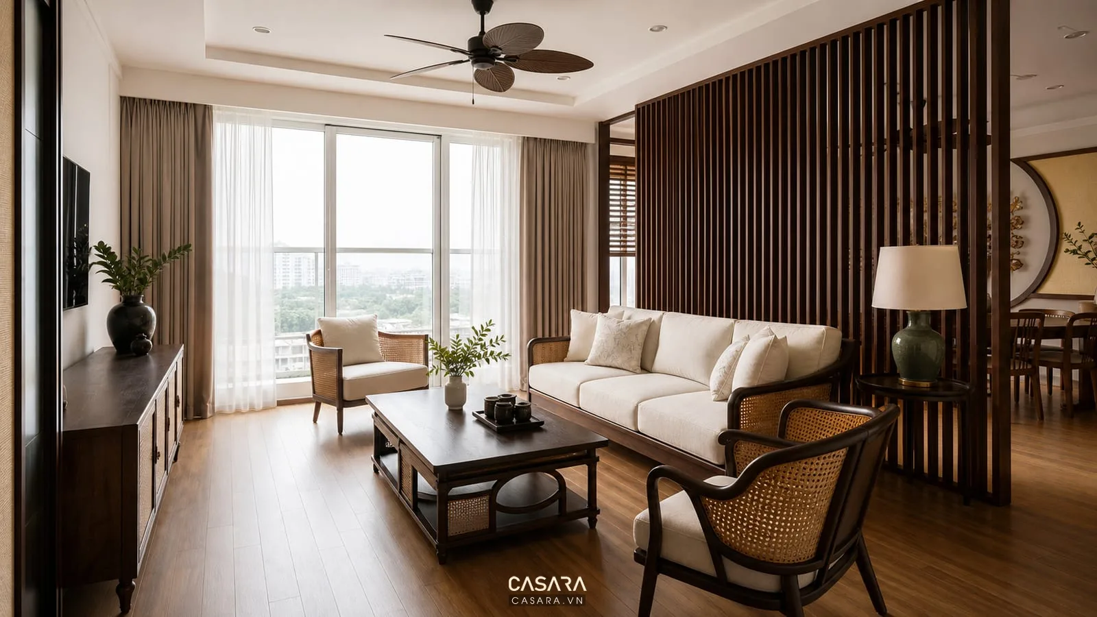 bàn ghế phong cách đông dương hiện đại trong phòng khách căn hộ sáng