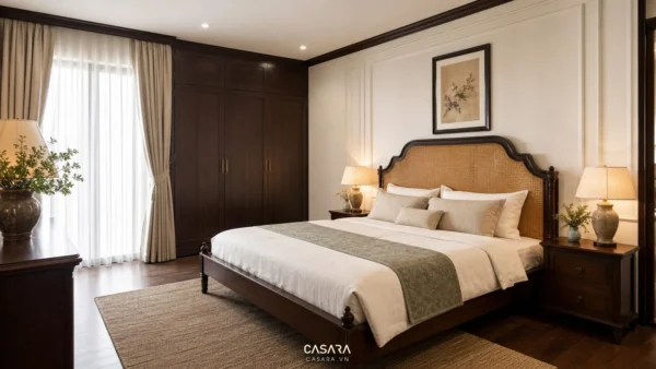 Phòng ngủ phong cách Đông Dương trong căn hộ với giường gỗ, đầu giường mây đan, tủ áo phẳng và đèn ngủ ấm