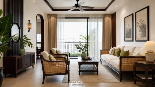 Bàn ghế phong cách Đông Dương trong phòng khách căn hộ với ghế gỗ mây đan, sofa trung tính, bàn trà gỗ và rèm sáng