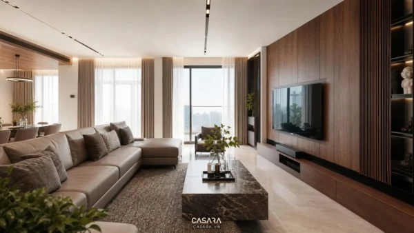 căn hộ sang trọng với phòng khách hiện đại sofa lớn bàn trà đá vách tivi gỗ rèm cao và ánh sáng tự nhiên
