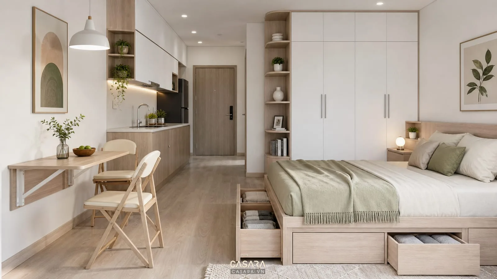 Căn hộ studio 25m2 với bếp chữ I, giường hộc kéo, bàn ăn gấp và tủ cao sát trần
