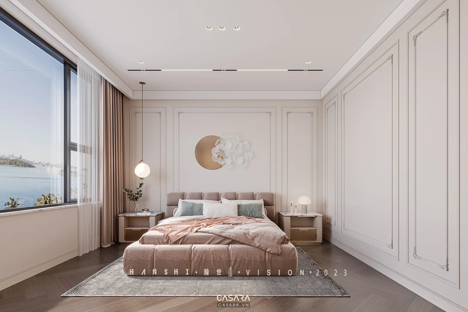 trang trí nhà chung cư phòng ngủ với giường và tủ áo gỗ sáng