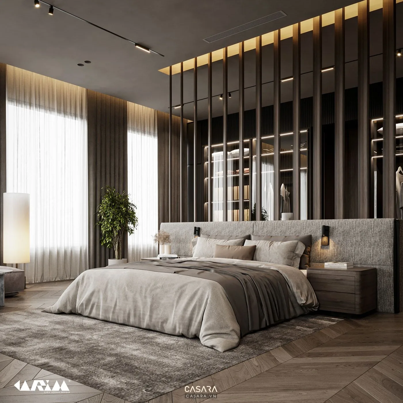 tủ quần áo và bàn trang điểm trong phòng ngủ chung cư