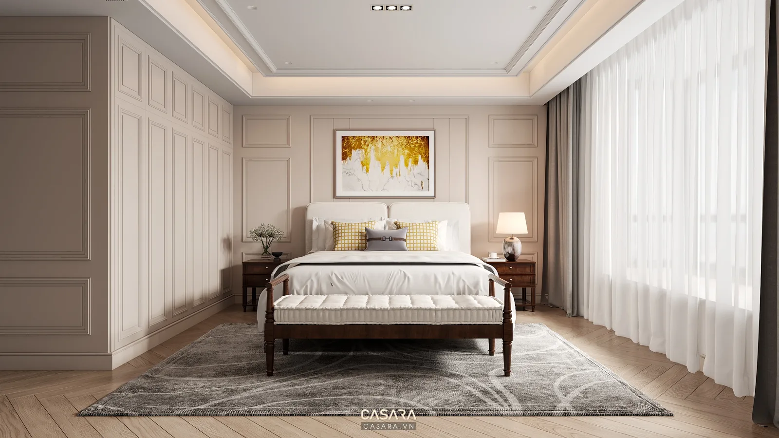 phòng ngủ chung cư hiện đại có đầu giường gỗ sáng và ánh sáng ấm