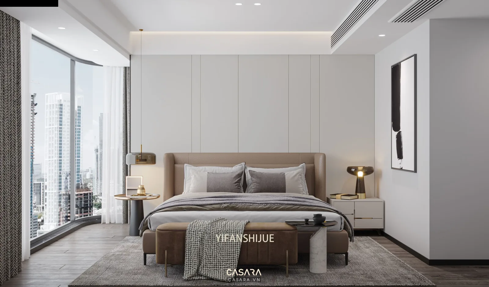 Nội thất công trình phòng ngủ luxury với giường bọc nệm và tủ áo phẳng