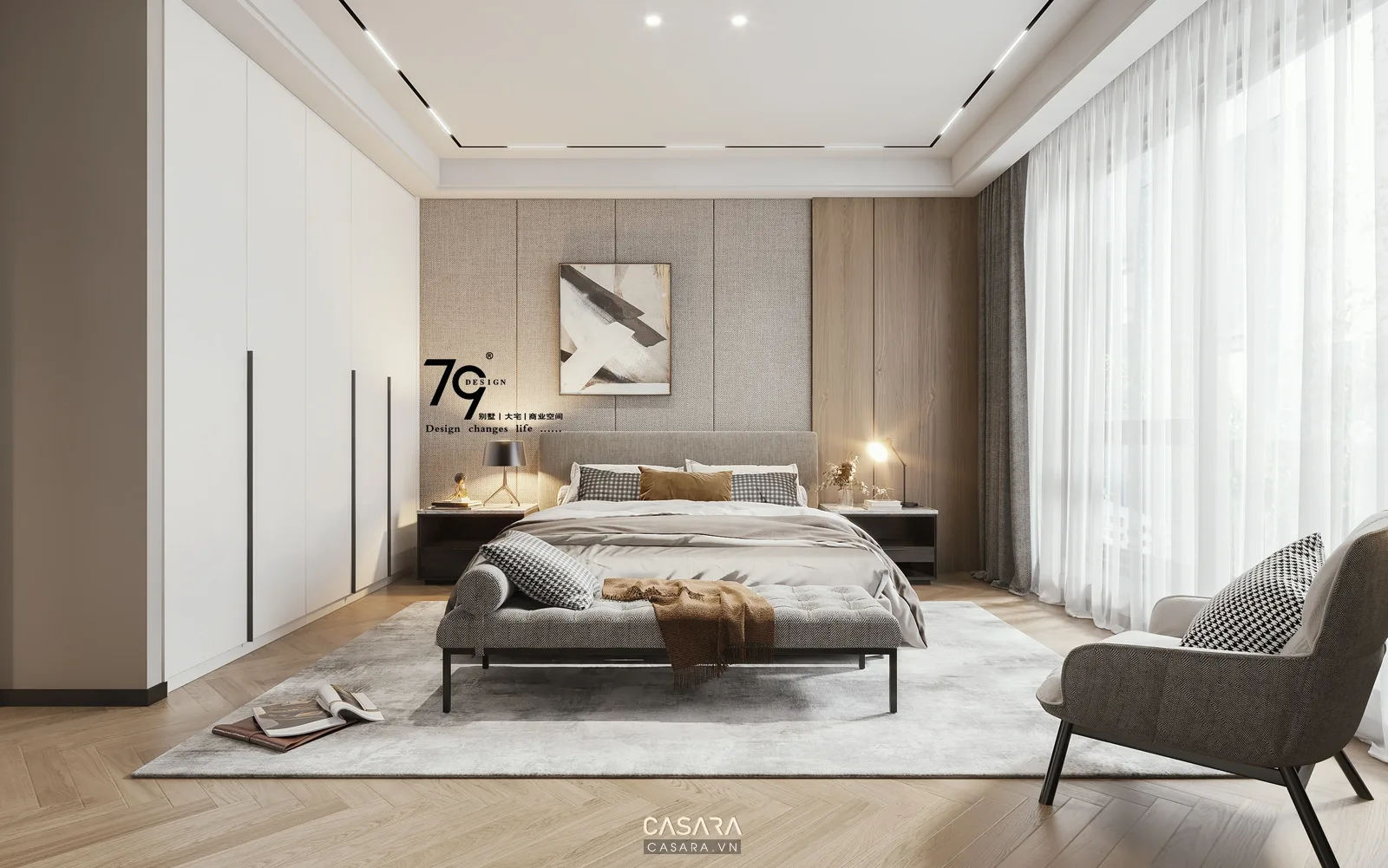 Phòng ngủ hiện đại với giường tủ áo kịch trần bàn trang điểm và ánh sáng ấm