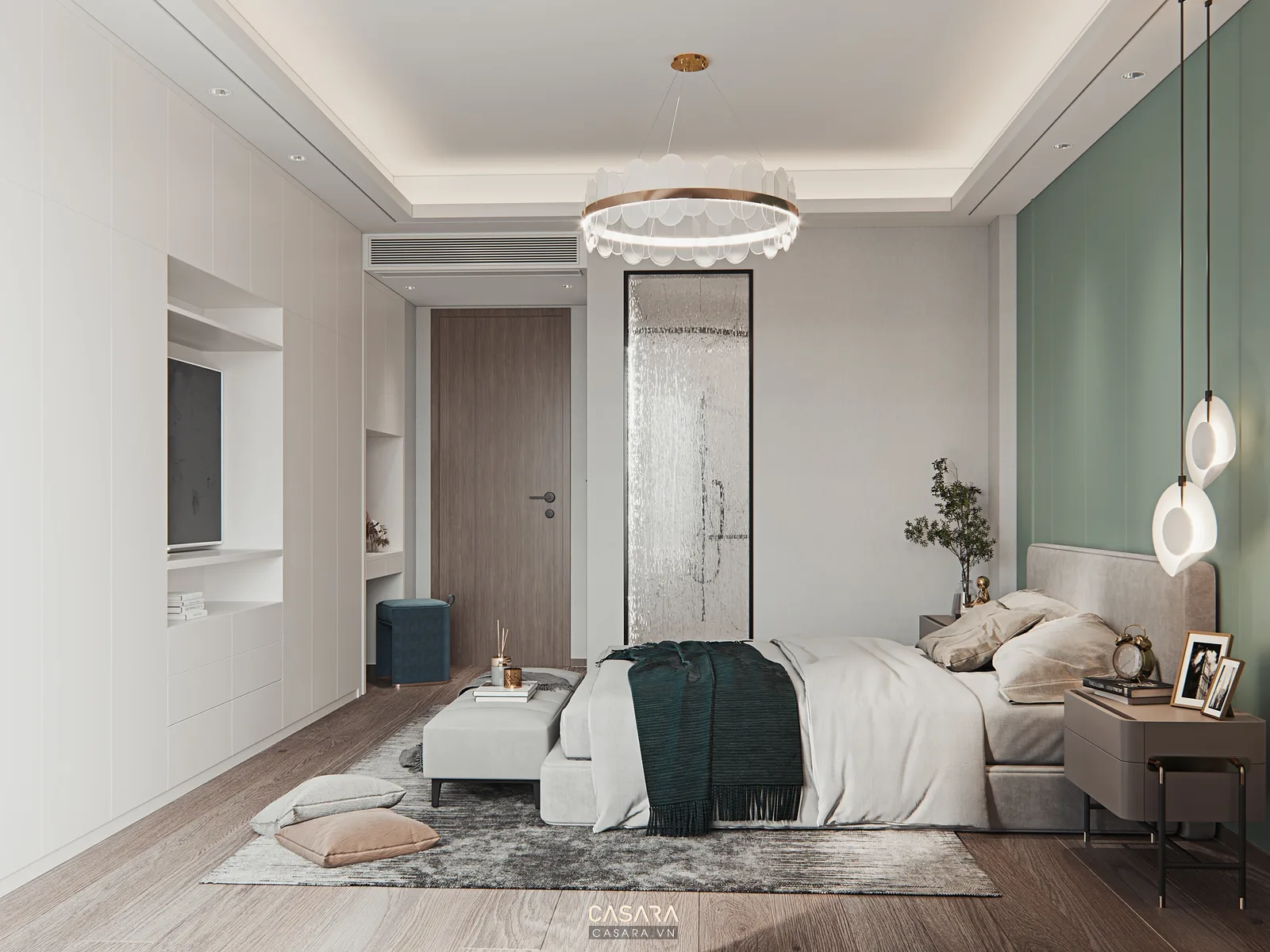 mặt bằng phòng ngủ chung cư nhỏ có giường đôi tủ cửa trượt và lối đi quanh giường