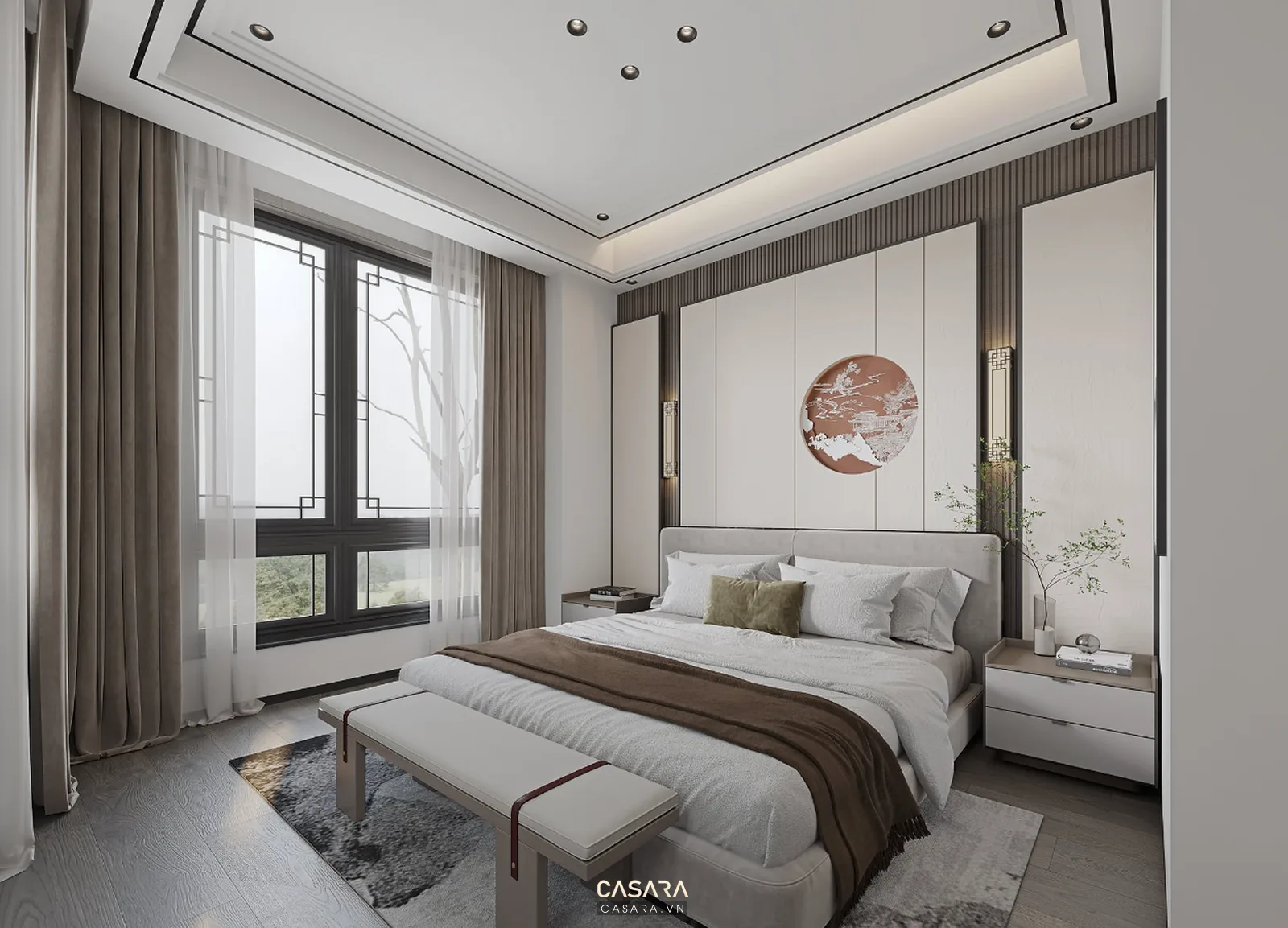 Phòng ngủ chính chung cư 3 phòng ngủ có giường lớn tủ áo kịch trần và rèm hai lớp