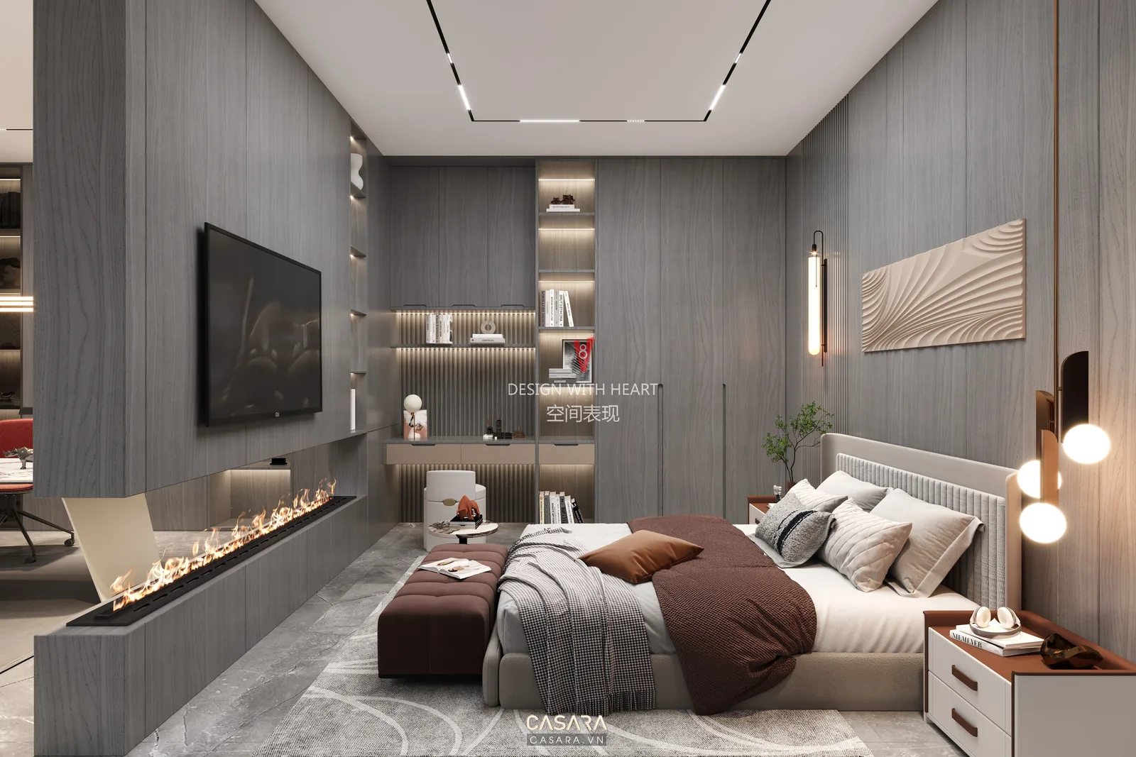 Phòng ngủ phong cách indochine có giường gỗ vách nan mây và tủ áo màu trầm