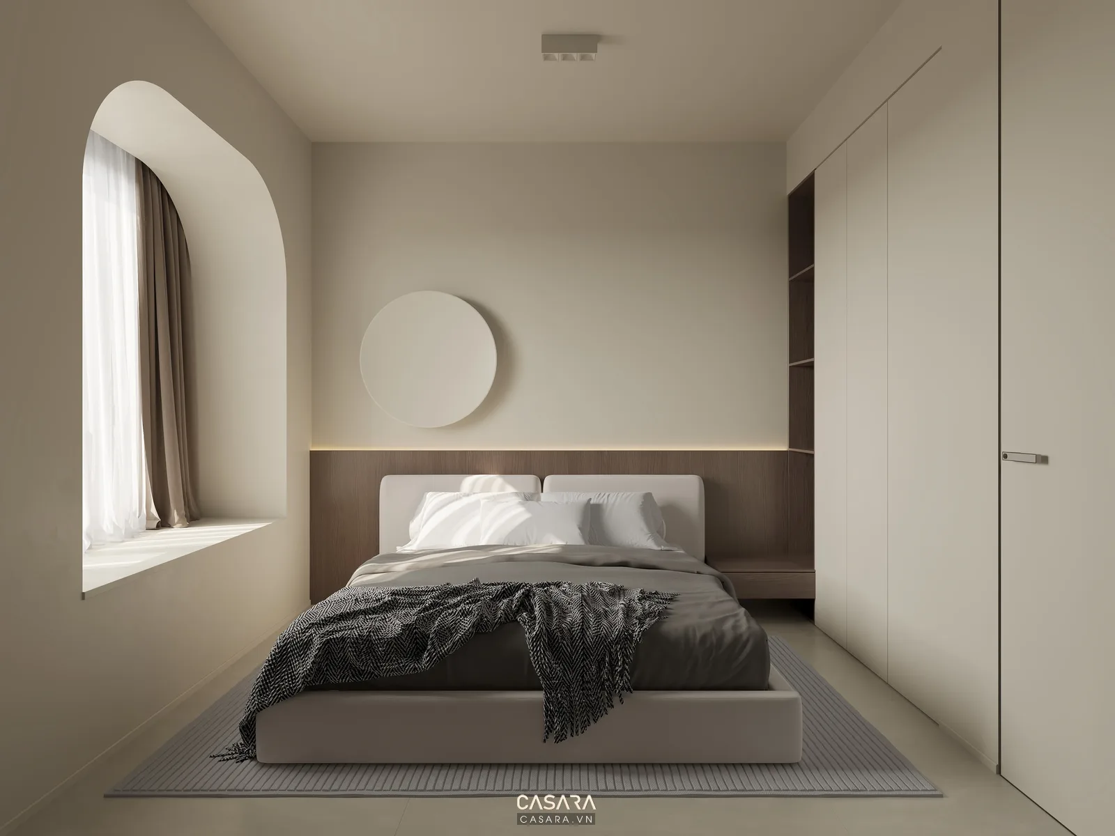 Phòng ngủ trong căn hộ 40m2 với giường gỗ và tủ áo kịch trần