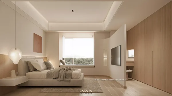Phòng ngủ hiện đại với giường thấp, tủ âm tường gỗ và ô cửa lớn