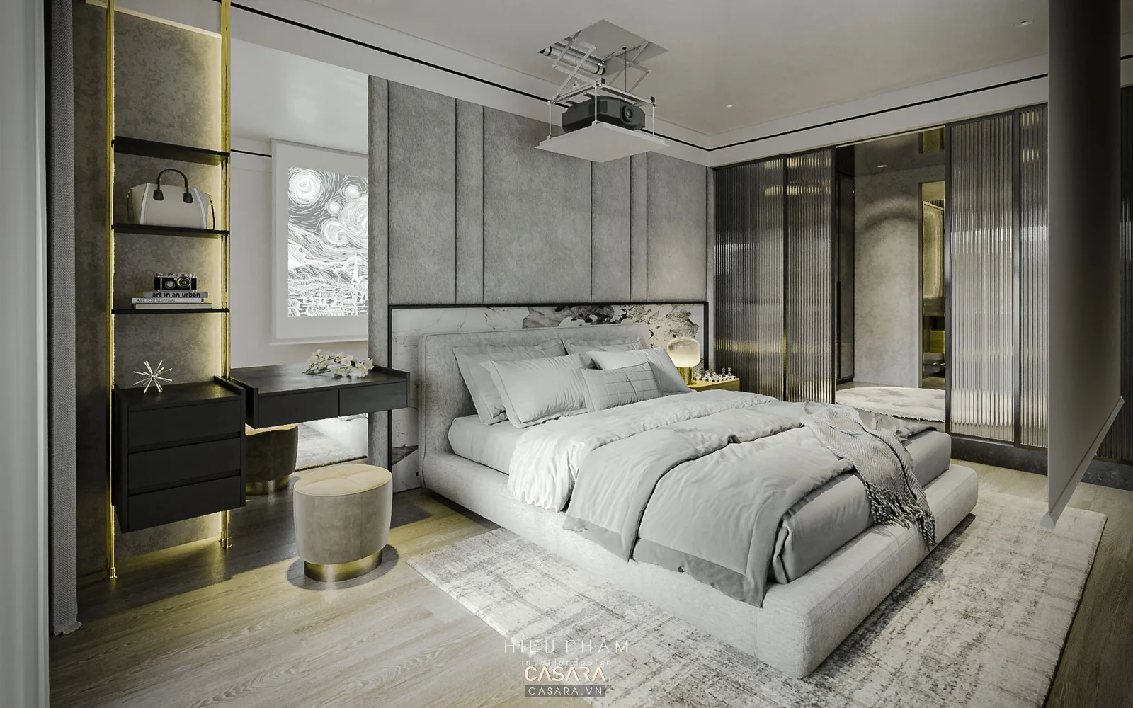 phòng ngủ master trang trí với giường lớn tủ áo và bàn trang điểm
