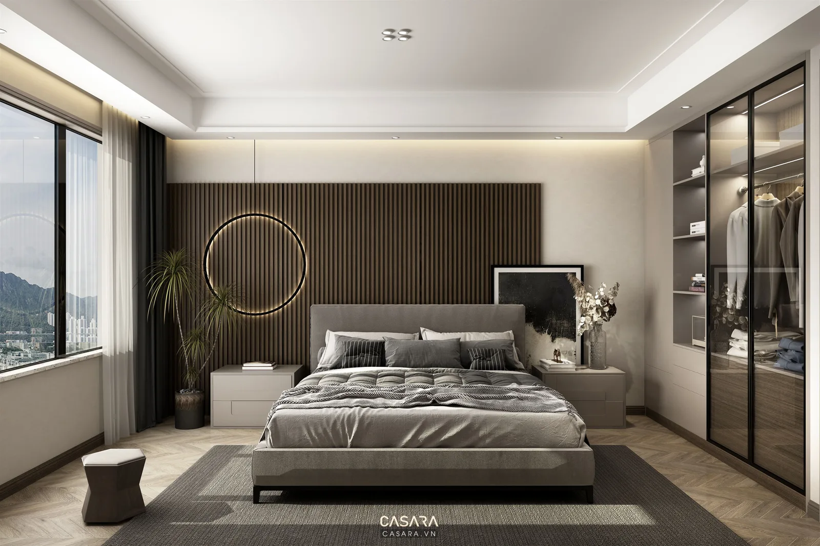 phòng ngủ hiện đại với giường và tủ áo trong thiết kế nội thất TP HCM