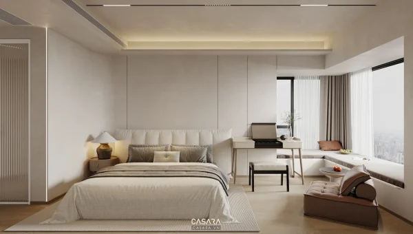 Phòng ngủ hiện đại với giường lớn, bàn làm việc và băng ghế cạnh cửa sổ