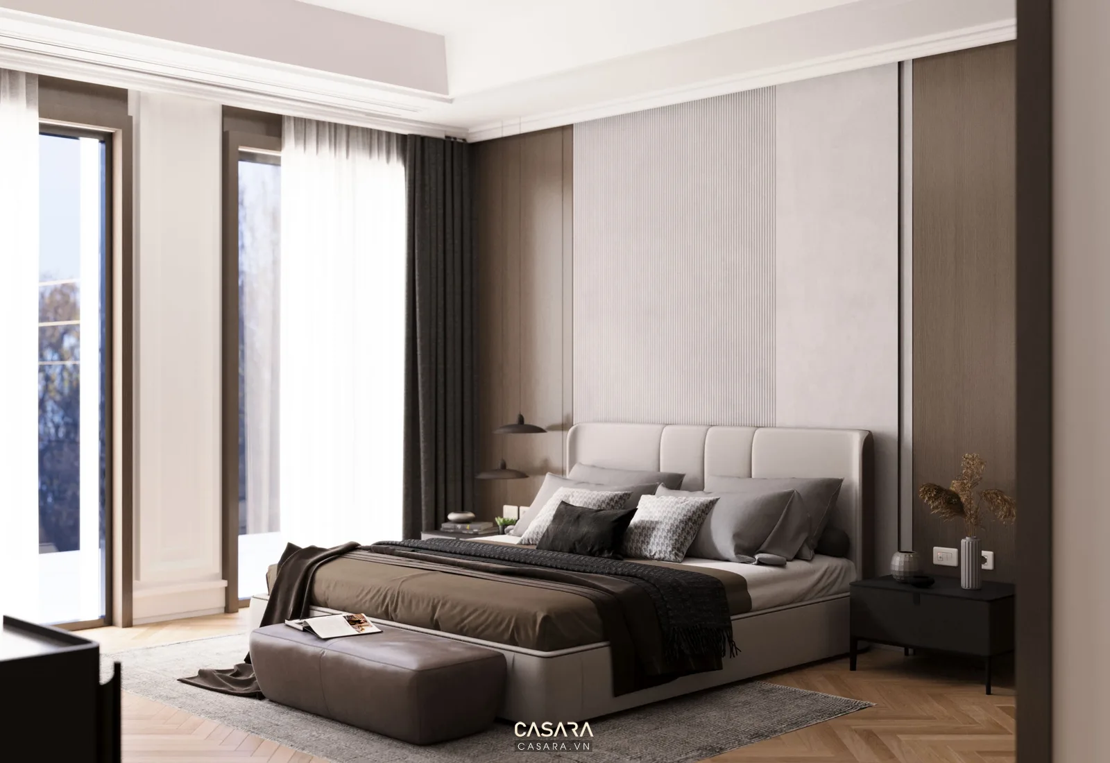 Phòng ngủ thiết kế nội thất phong cách luxury với giường lớn và đèn kim loại sang trọng