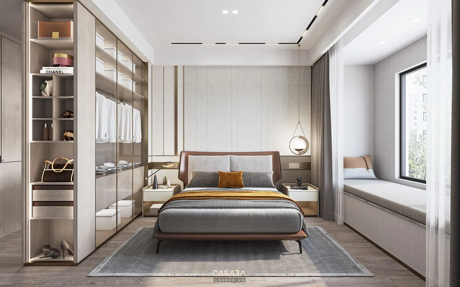 Thiết kế phòng ngủ chung cư hiện đại với giường gỗ sáng và tủ quần áo
