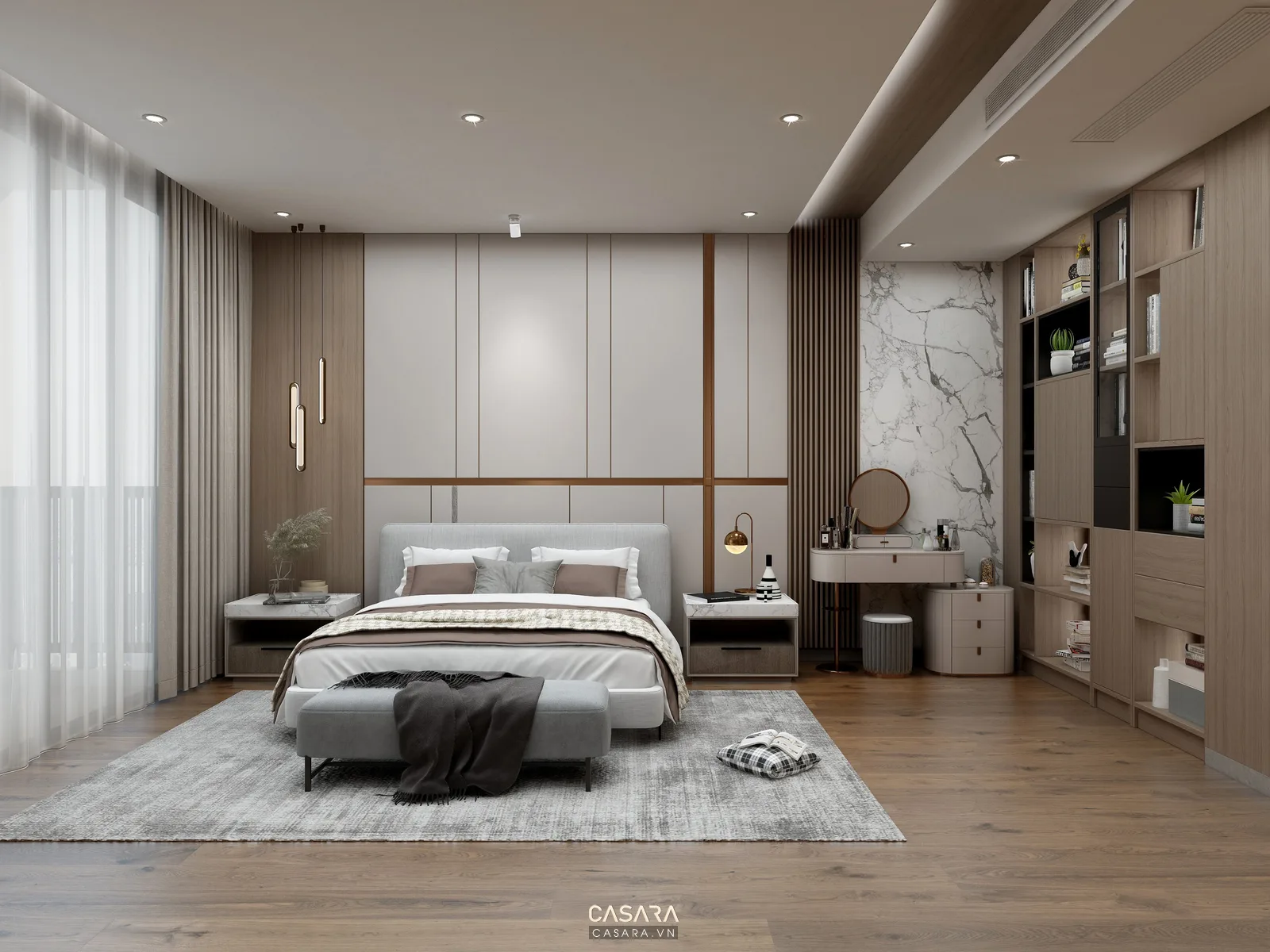 Phòng ngủ nội thất gỗ đẹp với ánh sáng hắt và bàn trang điểm gỗ
