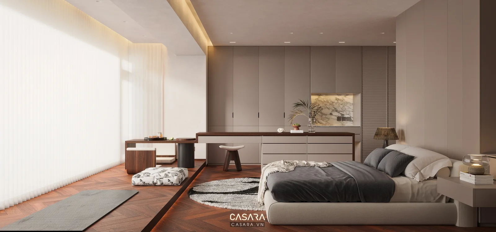 Thiết kế căn hộ Vinhomes với hệ tủ áo phòng ngủ, bàn làm việc liền tủ, bàn trang điểm nhỏ, gỗ công nghiệp màu sáng và nội thất hiện đại