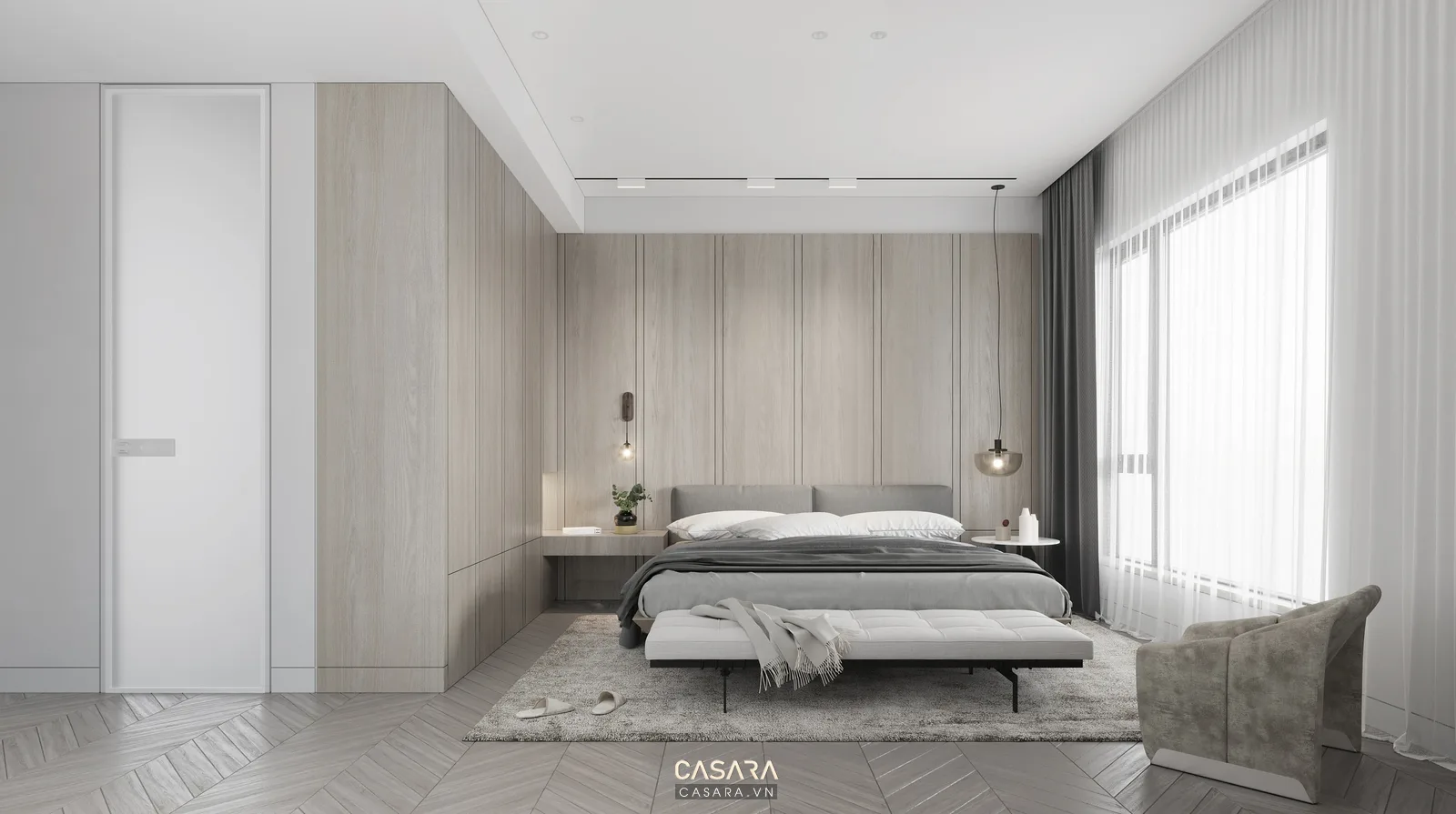 phòng ngủ nhà liền kề có tủ áo kịch trần bàn trang điểm gương tròn và giường bọc vải