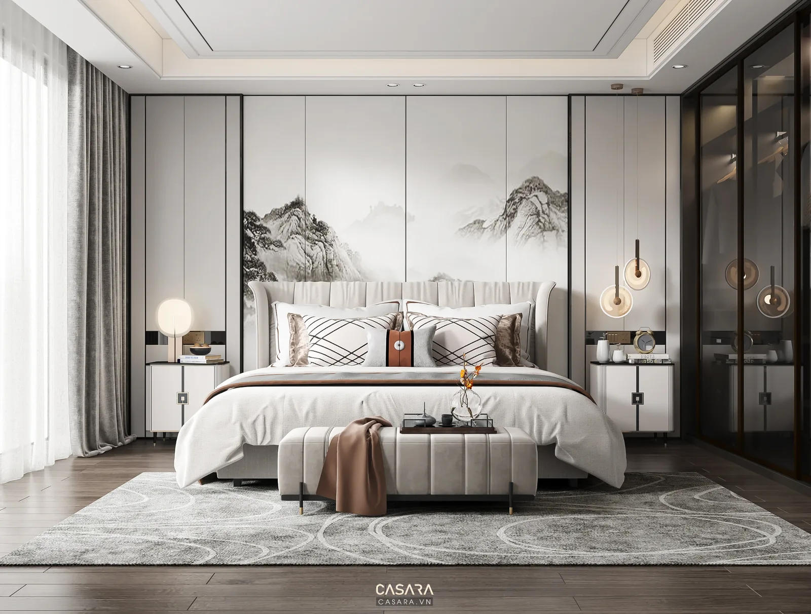 Phòng ngủ chính căn hộ 56m2 2 phòng ngủ với giường và tủ áo kịch trần gọn gàng