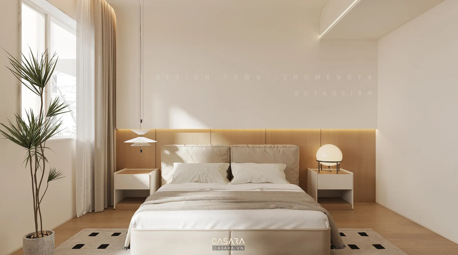 Nội thất căn hộ 56m2 2 phòng ngủ hoàn thiện với phòng ngủ thư giãn và ánh sáng ấm