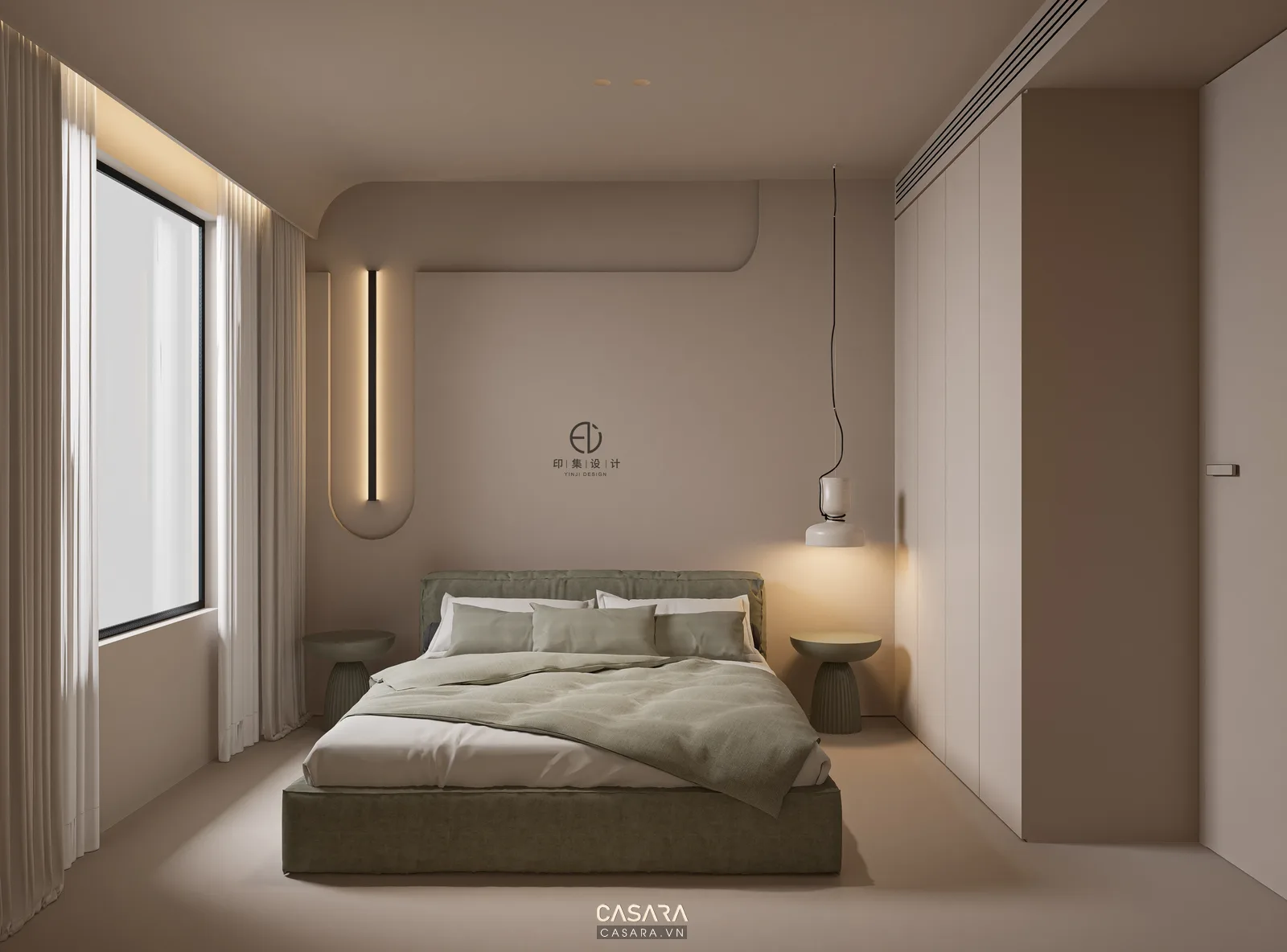 Tủ áo âm tường phòng ngủ chung cư mini với cánh phẳng màu sáng, bàn làm việc nhỏ liền tủ và giường thấp