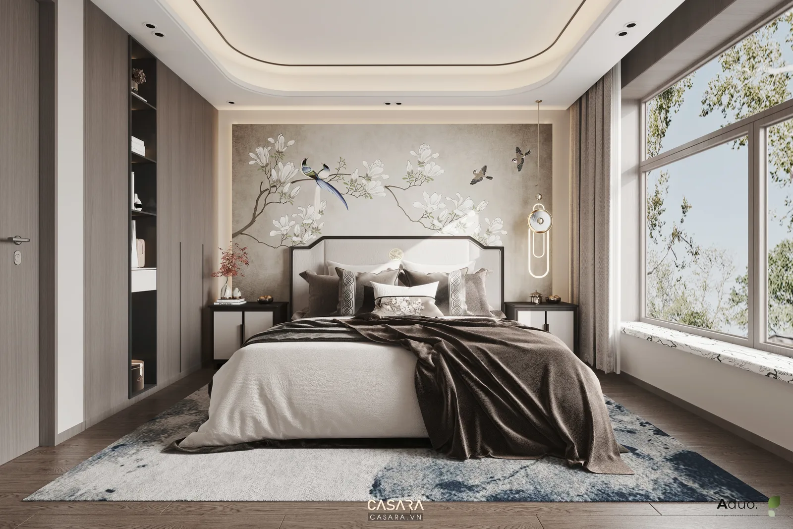 trang trí tường phòng ngủ bé gái bằng giấy dán hoa nhỏ và kệ tranh