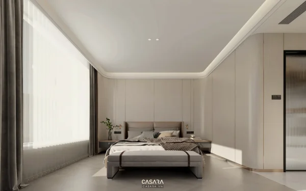 Phòng ngủ hiện đại với giường thấp, tủ âm tường và cửa sổ lớn đón sáng