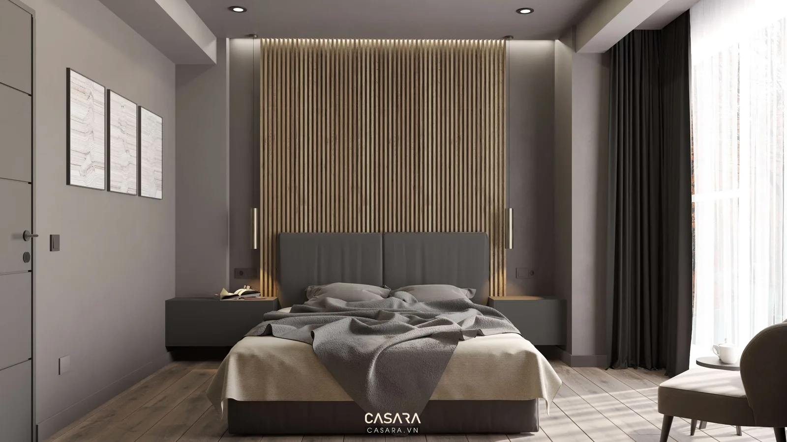 Phòng ngủ chính căn hộ 60m2 2 phòng ngủ với giường bọc nệm màu trung tính, tủ áo cánh phẳng, đầu giường gỗ sáng, đèn ngủ ấm và rèm cửa nhẹ