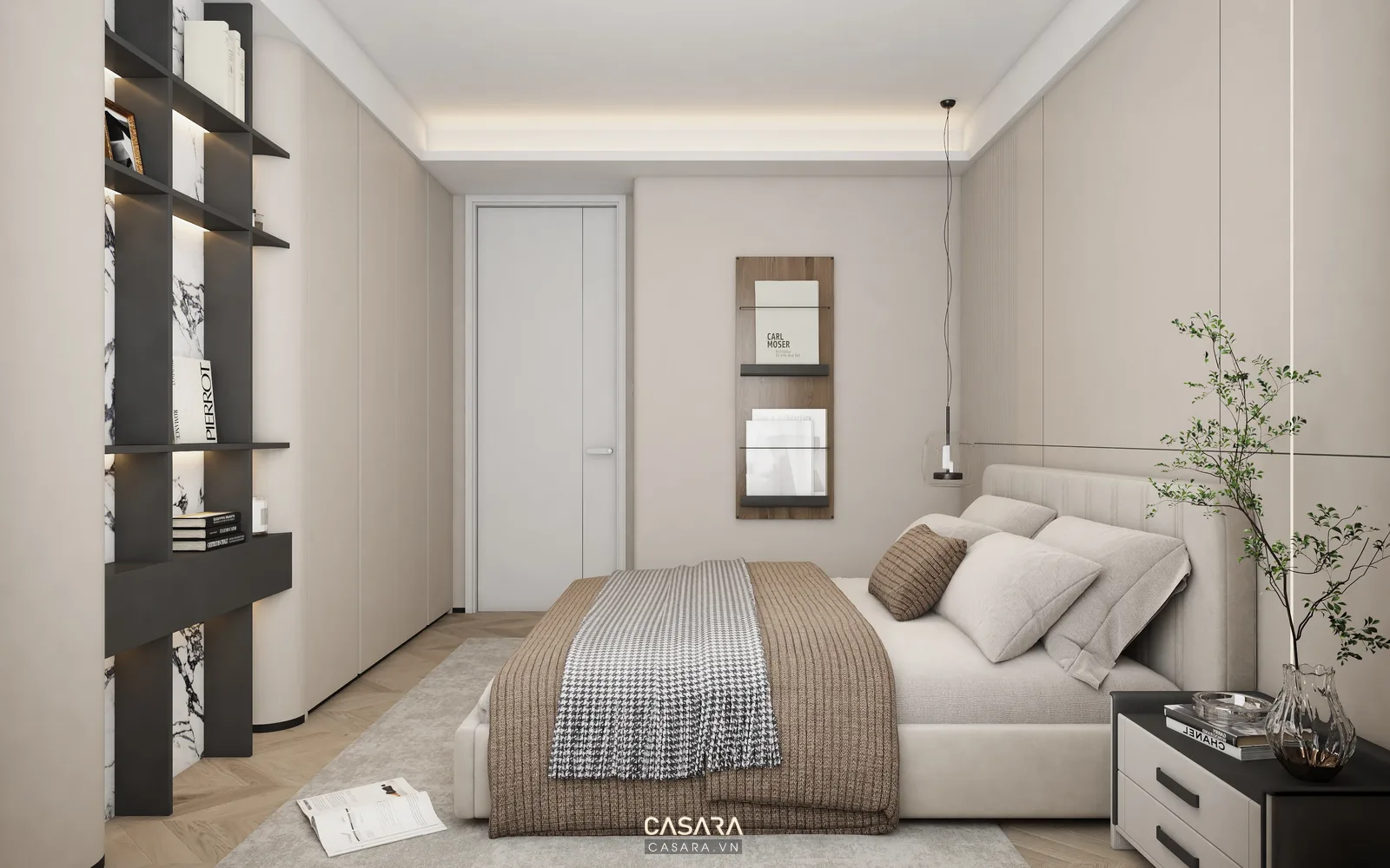 Phòng ngủ nhỏ trong thiết kế nội thất nhà 40m2 với giường và tủ cánh lùa