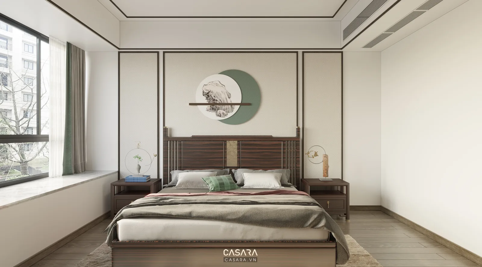 Phòng ngủ phong cách thiết kế indochine với giường gỗ, đầu giường mây đan và lối đi quanh giường